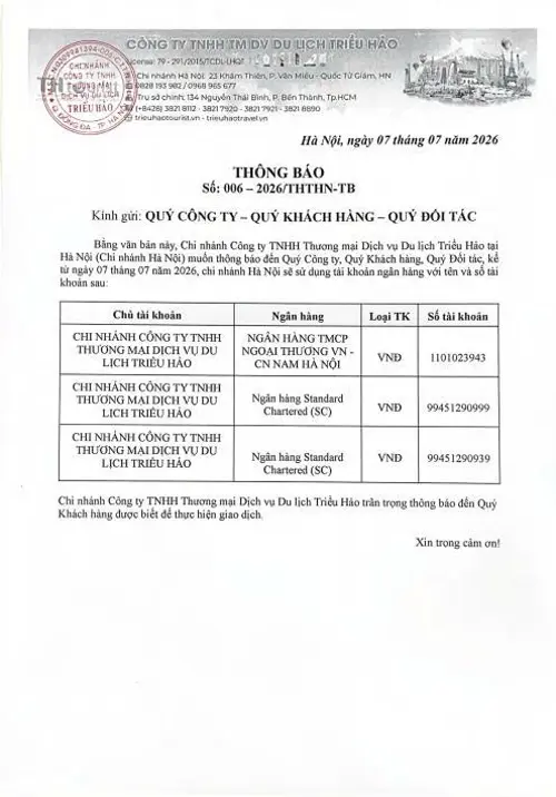 Cập nhật thông tin thanh toán chính thức của Du lịch Triều Hảo - Chi nhánh Hà Nội 